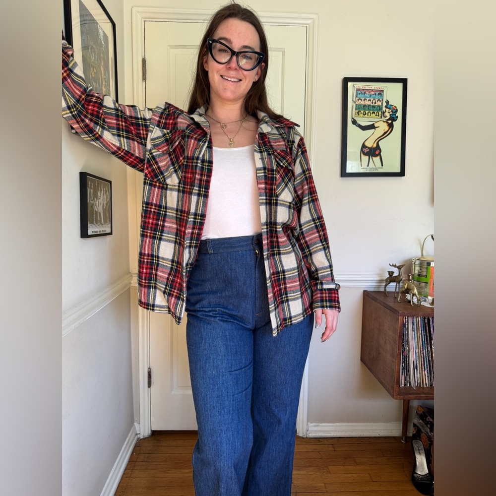 70s Vintage Jc Penney Loop Collar Wool Blend Plaid Flannel - Picture 1 of 7
